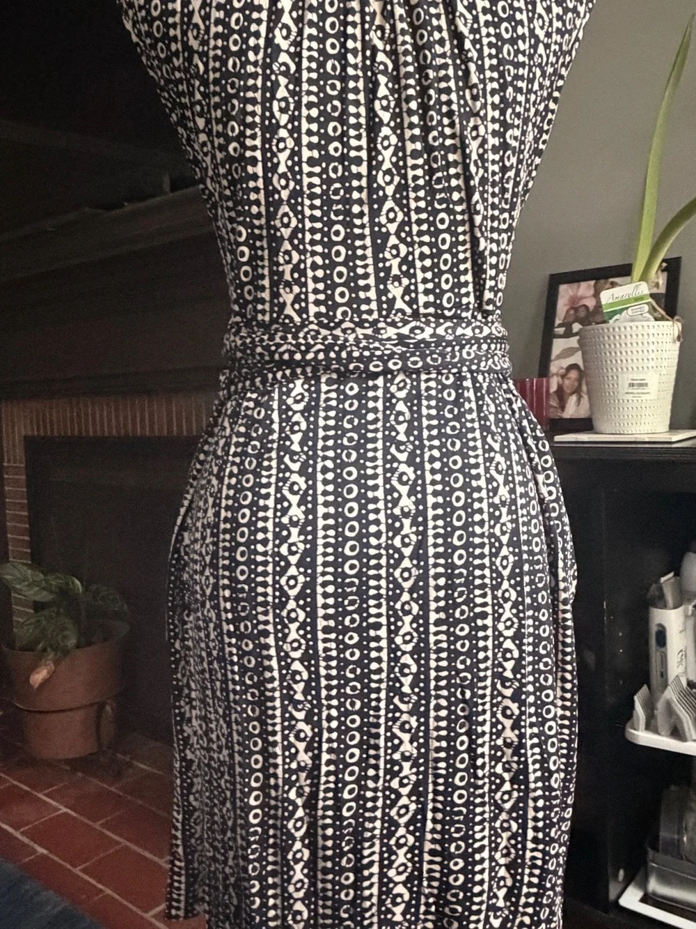 Tory Burch Navy and White Printed Sleeveless Wrap Dress